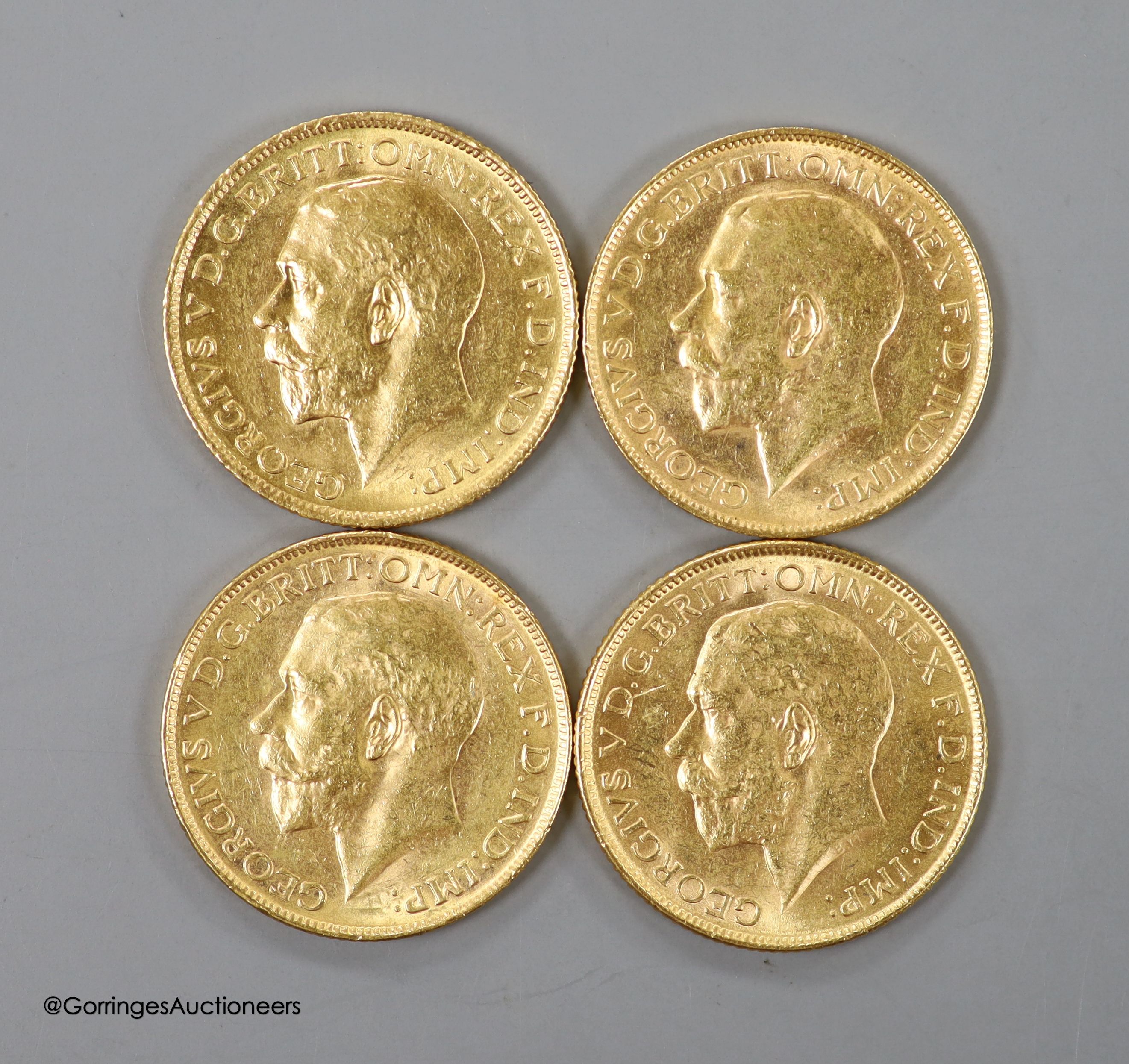 Four George V gold sovereigns, 1913 (one Sydney mint) 1917M, 1918 and 1921P